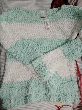No Boundaries Mint & White Striped Popcorn Knit Sweater